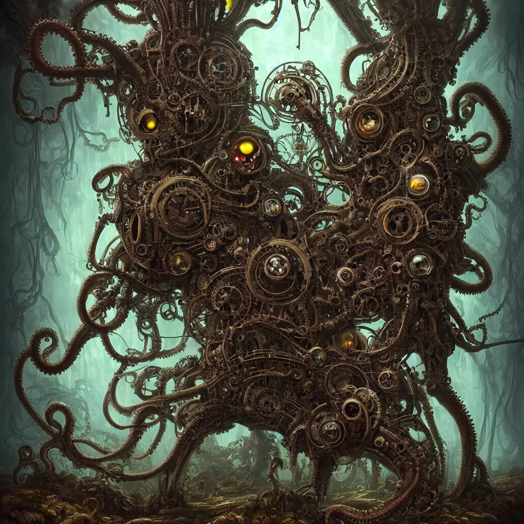 Image similar to biomechanical steampunk creature with robotic parts and big octopus head and (glowing) eyes guarding an ancient cave entrance with lush vegetation in a mystic forest, gothic and baroque, brutalist architecture, ultradetailed, creepy ambiance, fog, artgerm, giger, Intricate by Ellen Jewett and Josan Gonzalez and Giuseppe Arcimboldo