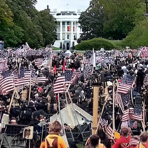 Image similar to a still of thousands of ewoks rioting in front of a the white house in washington.!!!, flaming torches and pitchforks