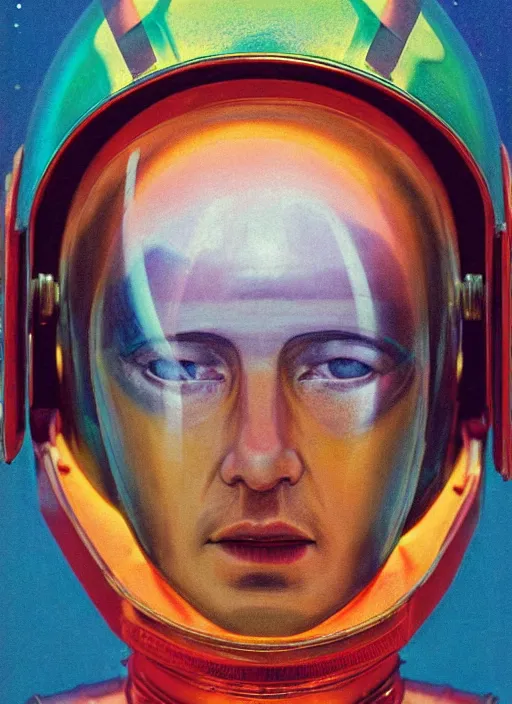 Prompt: beautiful extreme closeup portrait photo in style of frontiers in helmet Helmets of Emperor Charles V the Wise, rainbow glitter , science fashion magazine September retrofuturism edition, highly detailed, soft lighting, elegant , lighting, 35mm , Edward Hopper and James Gilleard, Zdzislaw Beksinski, Steven Outram, highly detailed