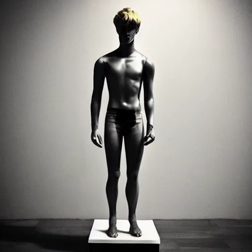 Image similar to “a realistic detailed photo of a guy who is an attractive humanoid who is half robot and half humanoid, who is a male android, Jack Laugher, shiny skin, posing like a statue, blank stare”