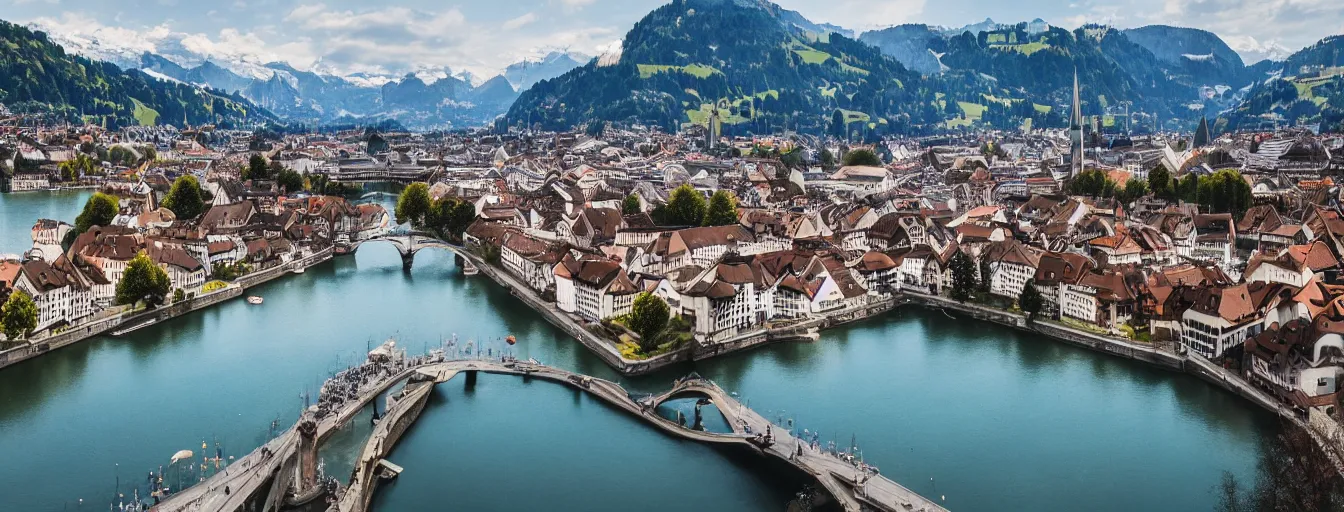 Prompt: Photo of Zurich, looking down the Limmat at the lake and the alps, Hardturm, Grossmünster, wide angle, volumetric light, hyperdetailed, light blue water, artstation, cgsociety, 8k