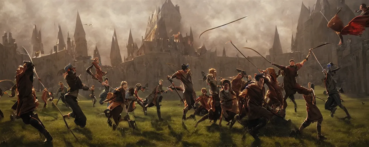 Image similar to most epic dramatic quidditch game. epic cinematic hyperrealism masterpiece. realistic poster with shaded lighting by craig mallismo, artgerm, jeremy lipkin and michael garmash, unreal engine, radiant light, detailed and complex environment, digital art, art station trends