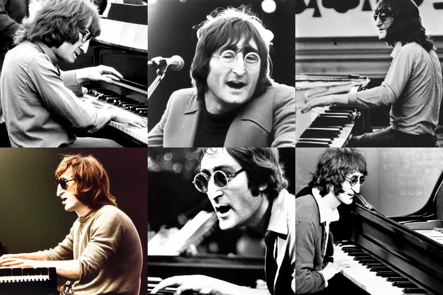 Prompt: close-up photo of John Lennon playing the piano on stage at Woodstock, circa 1969