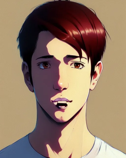 Image similar to portrait Anime as Michael Sera actor guy cute-fine-face, brown-red-hair pretty face, realistic shaded Perfect face, fine details. Anime. realistic shaded lighting by Ilya Kuvshinov katsuhiro otomo ghost-in-the-shell, magali villeneuve, artgerm, rutkowski, WLOP Jeremy Lipkin and Giuseppe Dangelico Pino and Michael Garmash and Rob Rey