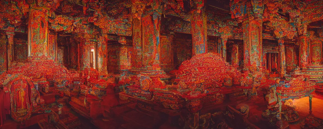 Image similar to an interior of an ancient tibetan temple adorned with intricate spaghetti designs, canon 5 0 mm, cinematic lighting, photography, retro, film, kodachrome, closeup