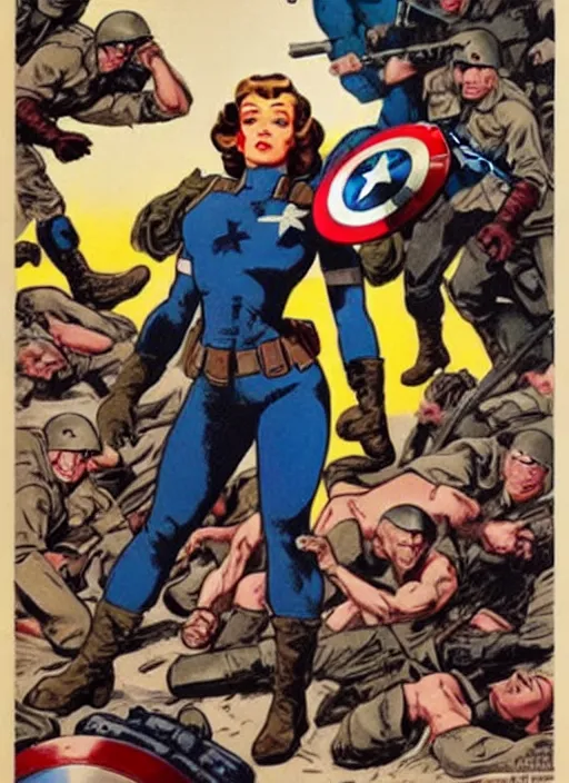 Image similar to beautiful female captain america standing on a pile of defeated, beaten and broken german soldiers. feminist captain america wins wwii. american wwii propaganda poster by james gurney and ralph bakshi. gorgeous face. overwatch.