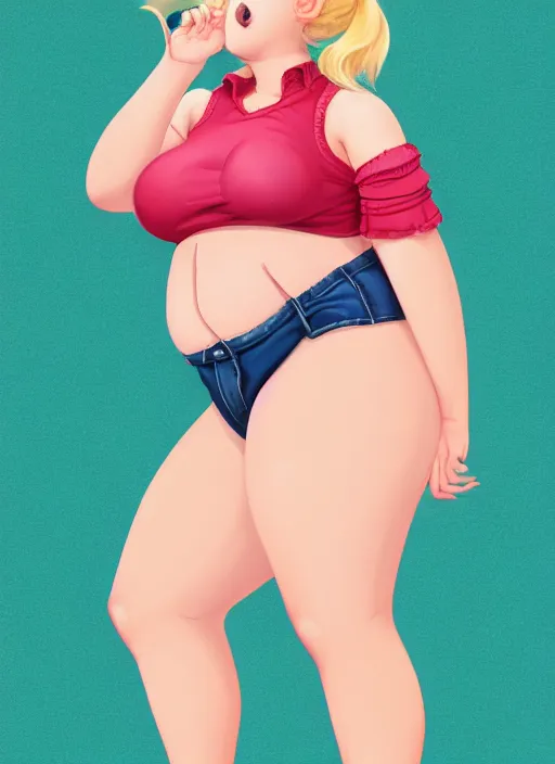 Image similar to full body teenage betty cooper, blonde hair, obese, bangs, ponytail, sultry, realistic, sultry smirk, ponytail, fluffy bangs, curly bangs, fat, belly, beautiful girl, intricate, elegant, highly detailed, digital painting, artstation, concept art, smooth, sharp focus, illustration, art by wlop, mars ravelo and greg rutkowski