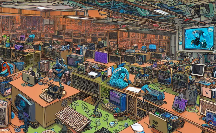 Image similar to hyper-detailed, intricate, illustration of a computer lab being overrun by tentacles, cyberpunk, high saturation, in the style of Geof Darrow