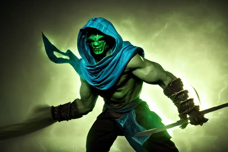 Image similar to vfx film, photorealistic render, soul reaver, raziel irl, price of persia movie, missing jaw, hero pose, magic, scarf, hood, glowing green soul blade, in stonehenge vancouver city, flat color profile low - key lighting award winning photography arri alexa cinematography, hyper real photorealistic cinematic, atmospheric cool colorgrade