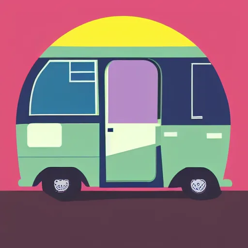 Prompt: very very very stylized minimal vector graphic of a cute class c motorhome driving, hills in the sunset, all enclosed in a circle, professional minimal graphic design cartoon