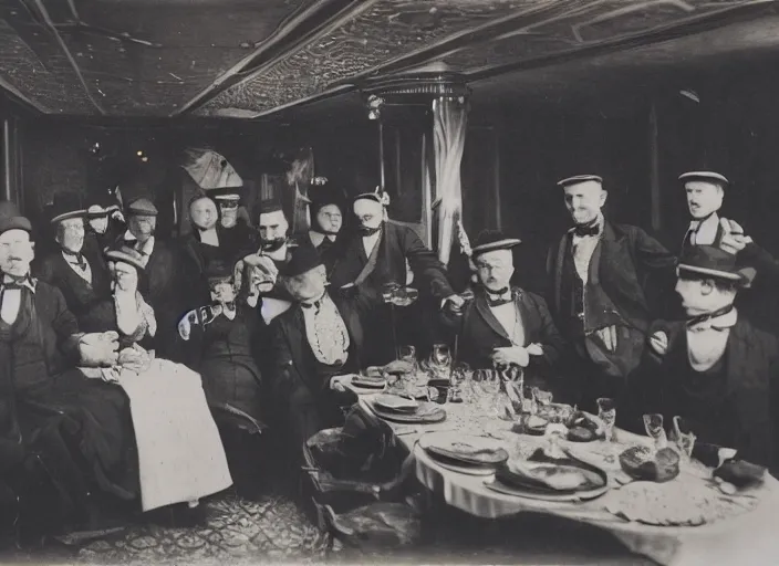 Prompt: a daguerrotype photo of a party inside the titanic, award winning photo