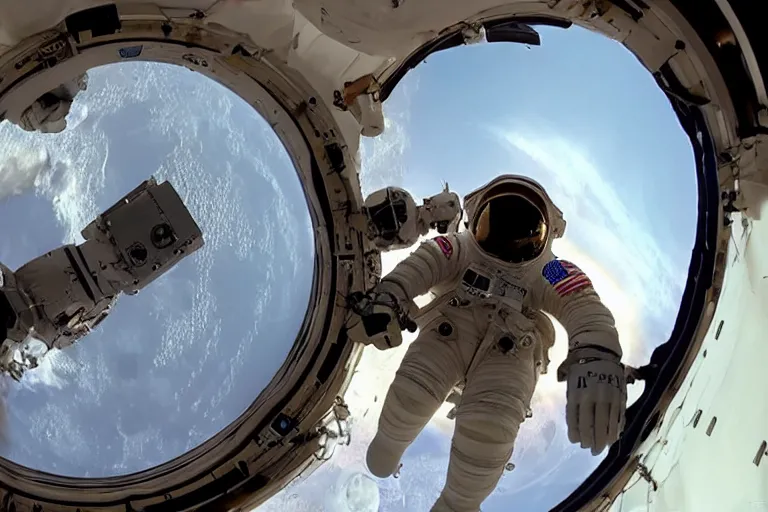 Prompt: cinematography head mounted camera of an astronaut looking out a hull round window at rockets and astronauts with rifles approaching planet mars in space. Space station interior, starships, spaceships, fpv, first person hand reaching out wearing astronaut glove. by Emmanuel Lubezki