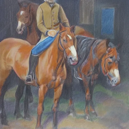 Image similar to colorful drawing of an irishman surrounded by many horses