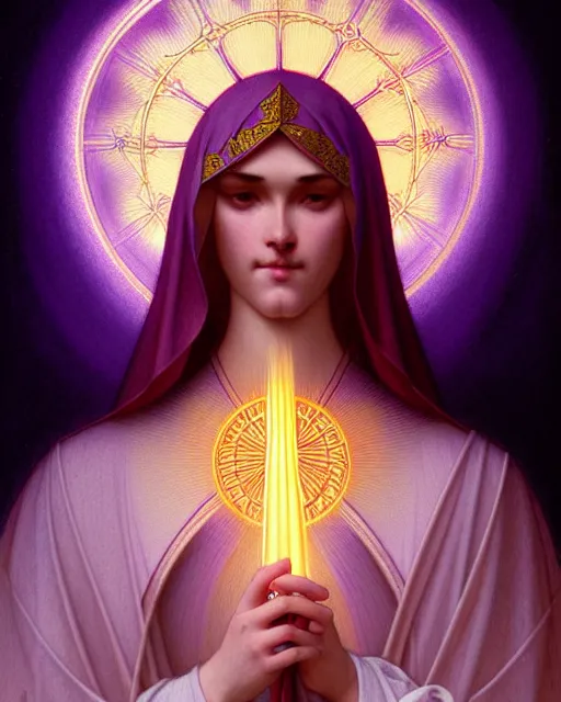 Image similar to symmetry portrait of saint germain holding a violet colored flame, intricate, elegant, highly detailed, digital painting, artstation, concept art, smooth, sharp focus, illustration, art by artgerm and greg rutkowski and fra angelico and alphons mucha