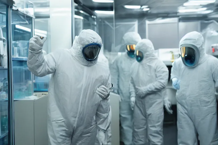 Prompt: man wearing hazmat suit in cleanroom examining alien. by Roger Deakins
