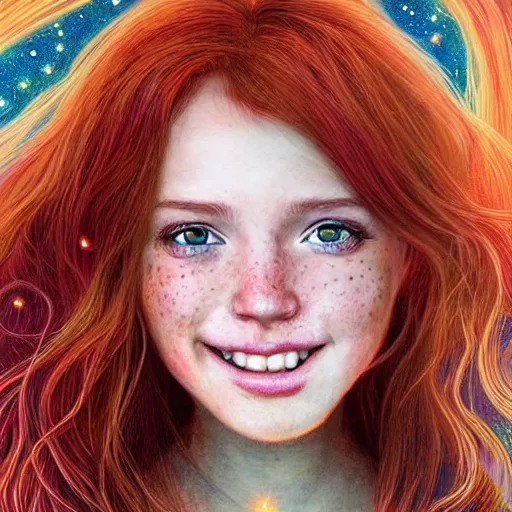 Image similar to portrait of a red haired girl softly smiling among fireflies, with long hair, green eyes, round face, hint of freckles, her head is tilted and she loves the wonderful lights colorful hyper realistic art