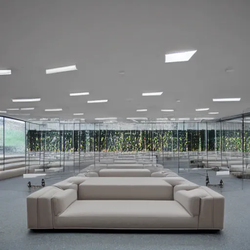 Image similar to upholstered sofas fluorescent ceiling lighting in a large minimalistic concrete room with rectangular water feature in the center, a tilt shift photo by leandro erlich, featured on cg society, kitsch movement, hall of mirrors, high dynamic range, studio portrait