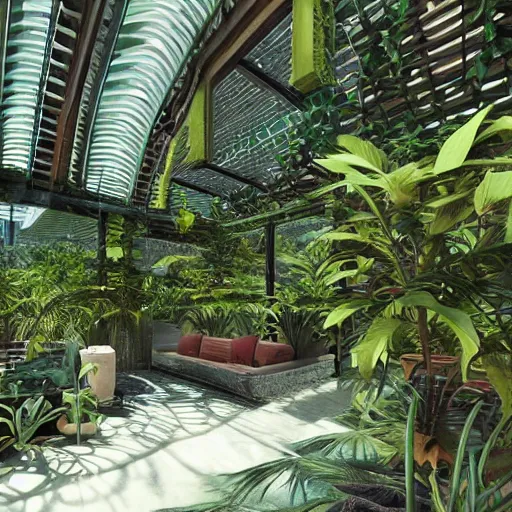 Prompt: solar punk futuristic greenhouse apartments in a tropical forest setting. dark concrete juxtaposed with lush plants and hanging drapes to filter the light. vivid colors mixed with dusty moody lighting. architectural concepts inspired by dune 2 0 4 9, 8 k, photorealism, environment art