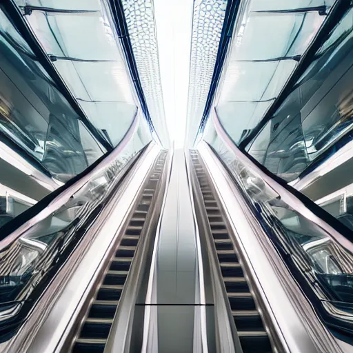 Prompt: approaching futuristic helical escalator inside white back glossy lit tube with streaming beams of light, building anticipation, scintillating, movement, pastel gradients, 8 k, highly detailed, professional photograph, epic composition, modern details