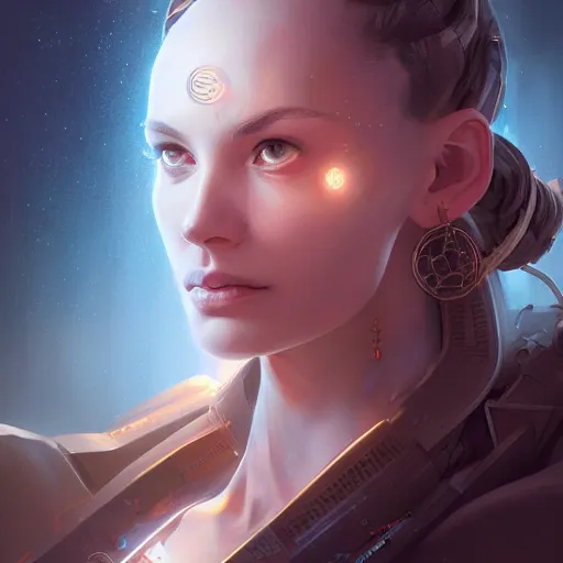 Image similar to portrait of the goddess of science and technology, upper body, D&D, intricate, cinematic lighting, highly detailed, digital painting, artstation, concept art, smooth, sharp focus, illustration, art by Artgerm and Greg Rutkowski, Cgsociety