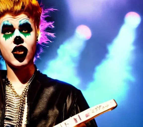 Prompt: color still shot of justin bieber lead singer performing in music group insane clown posse, face closeup, detailed