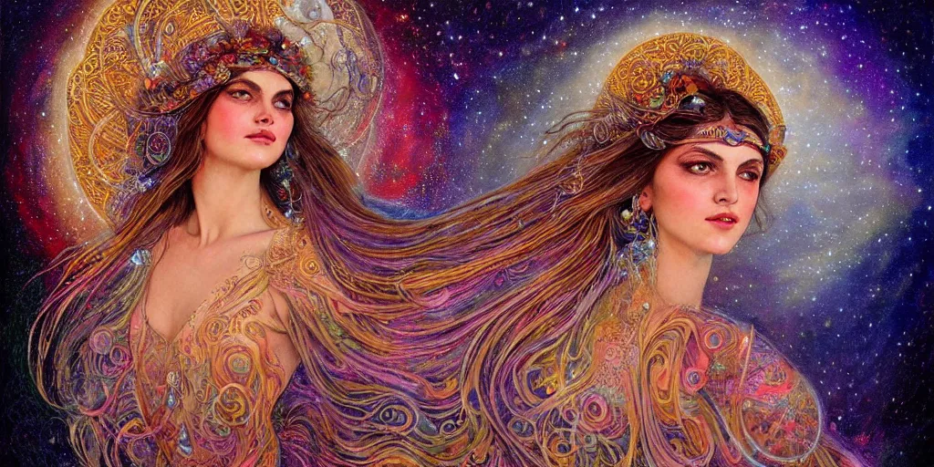 Image similar to full view portrait of an ethereal gypsy woman with detailed eyes, glowing face, floating in space with a half moon, photorealistic, colorful dress, in the style of karol bak and gaston bussiere, holographic undertones, art nouveau galaxy background, intricate, flowing dress, smooth, sharp focus, dramatic lighting, illustration, hdr, artgerm