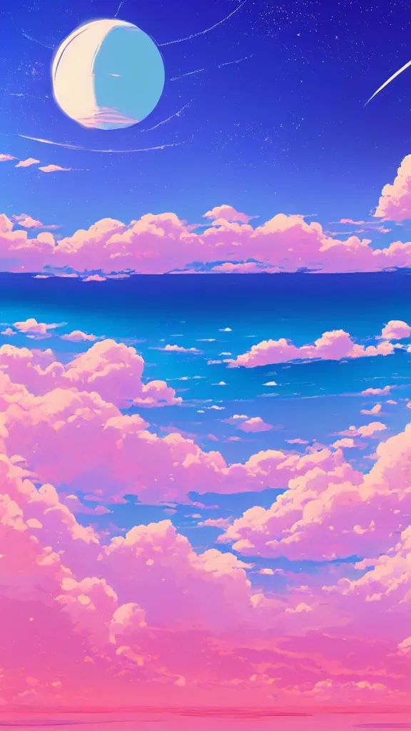 Image similar to beach horizon view of the tropical ocean on an alien planet, vaporwave ocean, clear sky, beautiful colors, planet in space over the horizon, trending on artstation, digital art by hayao miyazaki, studio ghibli style