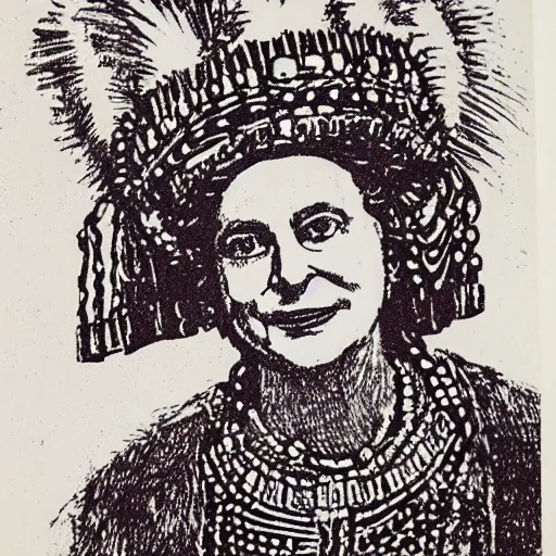 Image similar to queen elizabeth wearing herero headdress, lino print