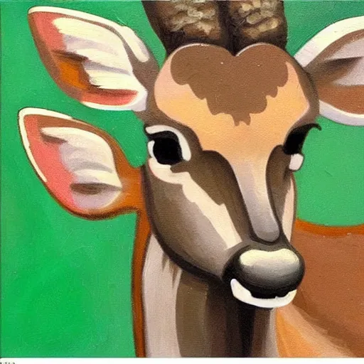 Prompt: deer with a cigarette in its mouth, stylized, artistic, great contrast, brown and green, rule of thirds, dripping paint, thick strokes, gouche