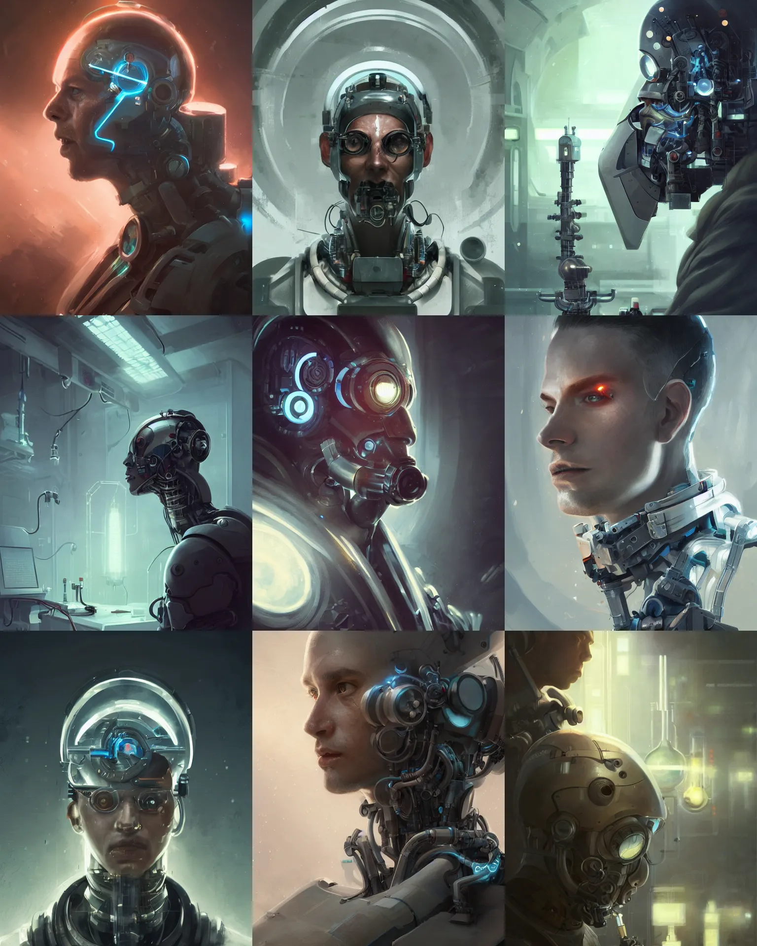 Prompt: a laboratory operator man with cybernetic enhancements seen from a distance, halfbody portrait, scifi character portrait by greg rutkowski, peter mohrbacher, cinematic lighting, dystopian scifi gear, profile picture, mechanical, cyborg, half robot