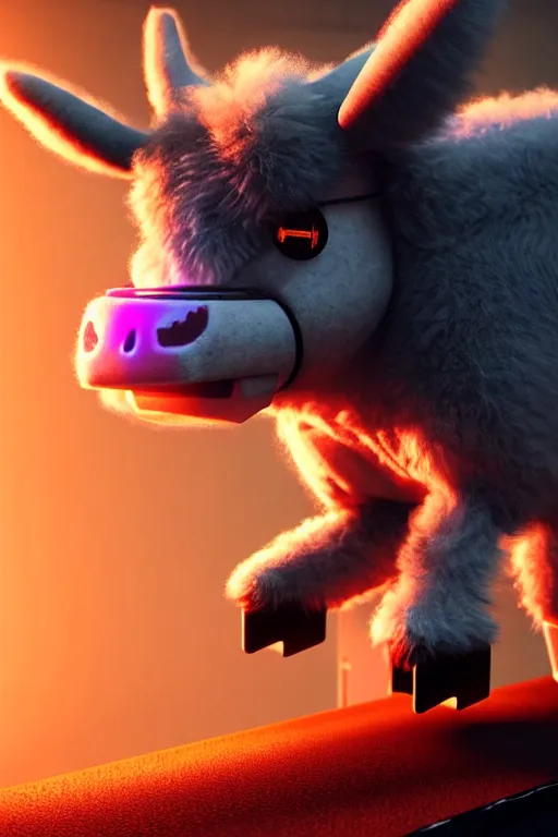 Image similar to high quality 3 d render very cute fluffy! cyborg cow plays guitar, cyberpunk highly detailed, unreal engine cinematic smooth, in the style of blade runner & detective pikachu, hannah yata charlie immer, moody light, low angle, uhd 8 k, sharp focus