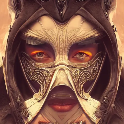 Image similar to Very very very very highly detailed epic photo of face with venetian mask, intricate, dystopian, sci-fi, extremely detailed, digital painting, artstation, concept art, smooth, sharp focus, illustration, intimidating lighting, incredible art by Artgerm and Vincent di Fate