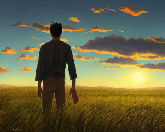 Image similar to a painting of a man standing in a field at sunset, a detailed matte painting by makoto shinkai, cgsociety, neo - primitivism, anamorphic lens flare, matte painting, global illumination