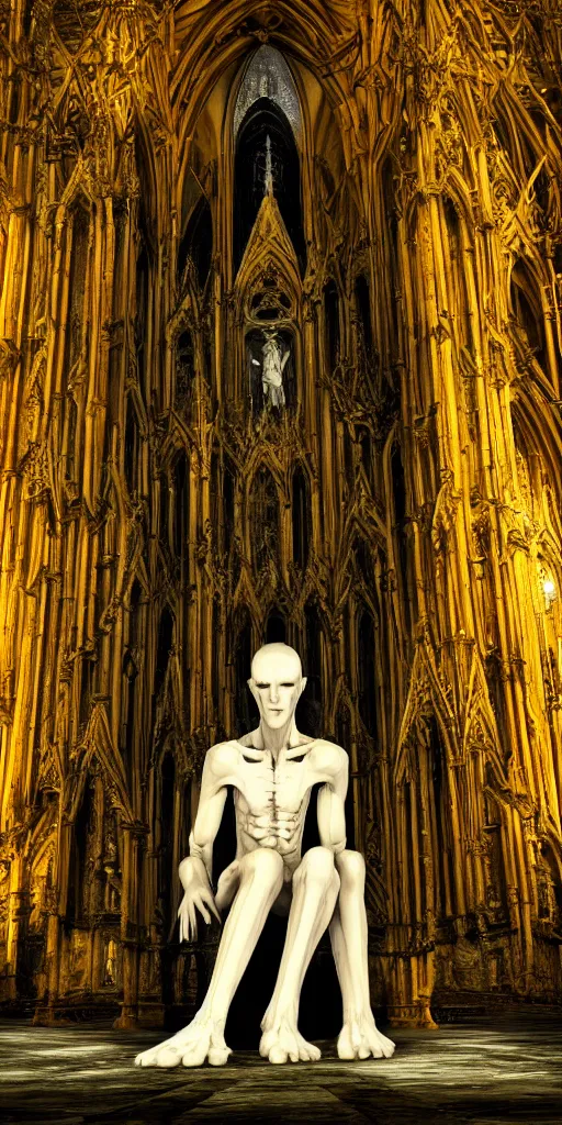 Prompt: a tall pale humanoid being sitting upon an ornate stone throne, 4K, digital art, horror, dramatic, wearing a long yellow rotting garment, dark, hyperrealistic, perspective, complex black church background with volumetric lights coming in through cathedral windows, dark background, highlights,