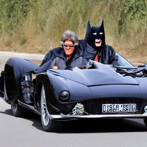 Prompt: bogdanoff brothers riding the batmobil