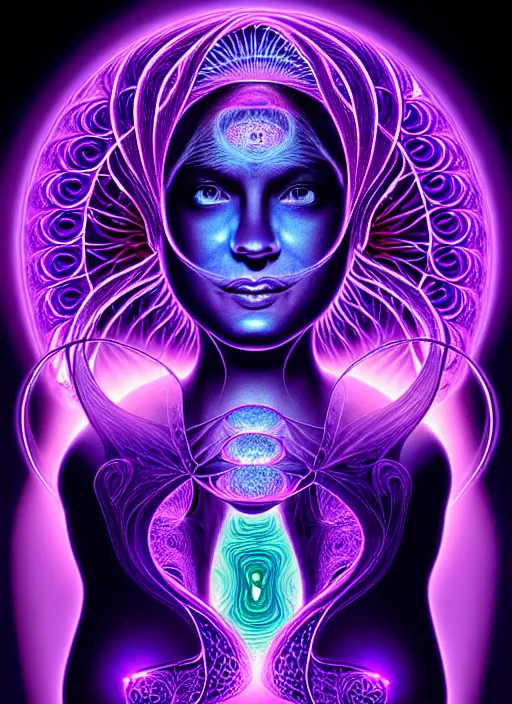 Image similar to absurdly beautiful female figure with beautiful human face, cervix awakening, portal, fractals swirling outward, glowing internal light, hyperdetailed, by alex grey, intricate linework, faberge, intricate linework, purple, deep blue, hot pink, dark atmosphere, unreal engine 5 highly rendered, global illumination, radiant light, detailed and intricate environment