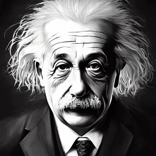 Prompt: a portrait of Albert Einstein by Greg Rutkowski, digital art, horror, chiaroscuro, trending on artstation, anime arts, featured on Pixiv, HD, 8K, highly detailed, good lighting, beautiful, epic, masterpiece