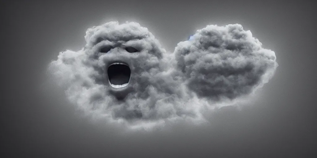 Prompt: angry face in a standalone realistic gray cloud on black background