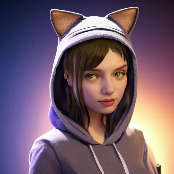 Image similar to 3D render of a girl with cat ears wearing a hoodie, fantasy artwork, award winning, hyper detailed, very very very very very very very very very very very beautiful, studio lighting, artstation, unreal engine, unreal 5, 4k, octane renderer