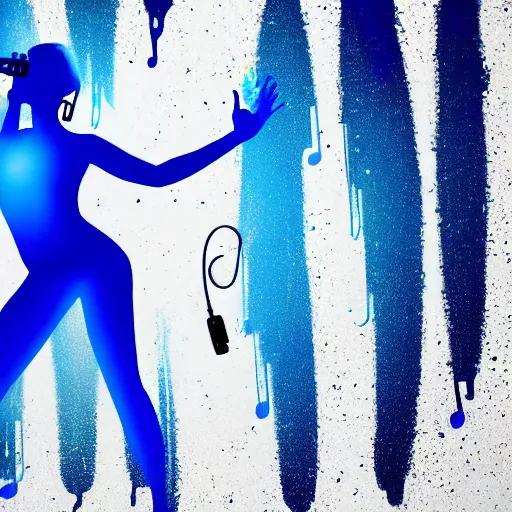 Prompt: dripping electrical blue paint across the shape of a female human body dancing and listening to music with headphones, realistic , high detail, on a clear white background