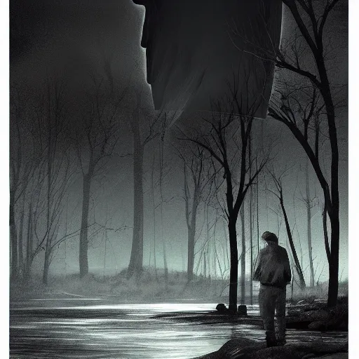 Image similar to double exposure of a river of darkness and a lost fisherman illustration trending on artstation, moody, atmospheric, dimly lit,