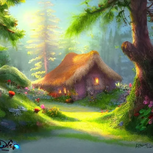 Prompt: a disney background art painting, an old cottage in a beautiful forest, soft light, disney concept art, the art of pixar,