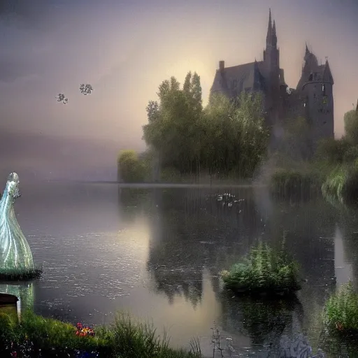 Image similar to Glittering jellyfish are flying over the sparkling pond, behind the flowers on the shore is a gothic castle, and an ice sculpture castle can be seen in the sky by appointment, by Daniel Ridgway Knights and Hugh Kretschmer, light through the mist, dramatic lighting, photorealistic, cinematic lighting, high detail, cinematic feel, high octane, 4K, Unreal Engine, digital render, intricate, ultra realistic, trending on artstation W 1024