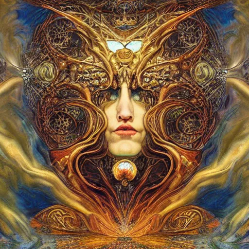 Image similar to Divine Chaos Engine by Karol Bak, Jean Deville, Gustav Klimt, and Vincent Van Gogh, celestial, visionary, sacred fractal structures, ornate gilded medieval icon, spirals