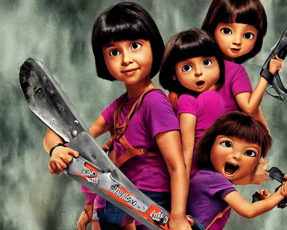 Prompt: a horror movie poster featuring Dora holding a Chainsaw