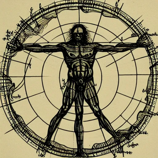 Image similar to vitruvian man, cthulhu, diagram