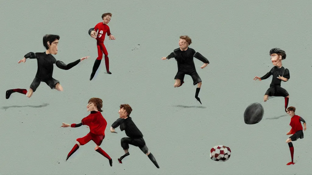 Prompt: Playing football, in the style of David Lynch, by Wes Anderson, concept art, artstation