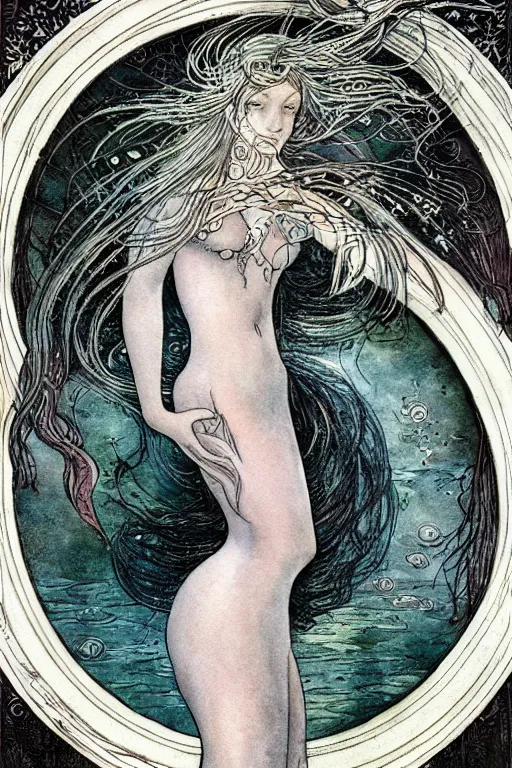 Image similar to mermaid with dark skin and long flowing hair face closeup surrounded circular frame of fish, art by luis royo and walter crane and kay nielsen, watercolor illustration, ultra sharp focus