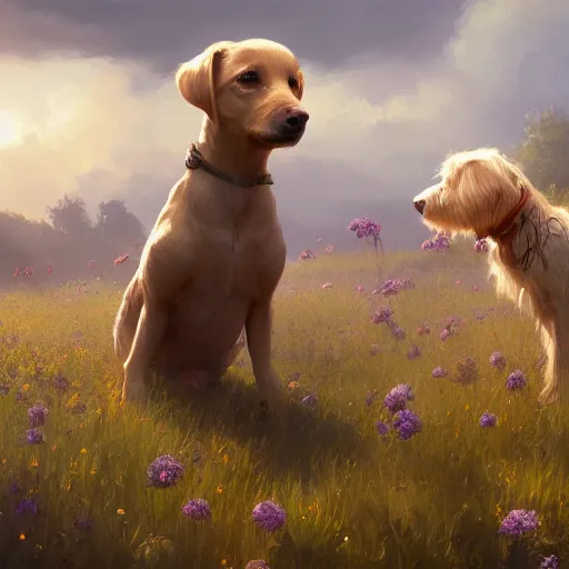 Prompt: blond chiweenie and blond goldendoodle, field of flowers, oil painting, Tooth Wu, Greg Rutkowski, RPG portrait, dynamic lighting, fantasy art, High contrast, depth of field