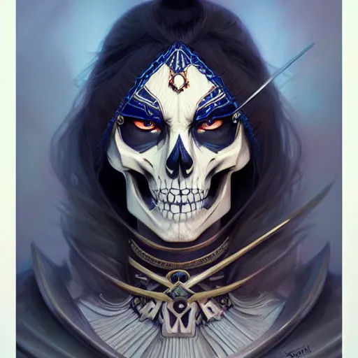 Image similar to samurai skeleton dark, d & d, blue eyes, dark fantasy, intricate, elegant, highly detailed, digital painting, artstation, concept art, smooth, sharp focus, illustration, art by artgerm and greg rutkowski and alphonse mucha